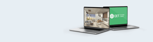 laptop with cet logo and kitchen rendering
